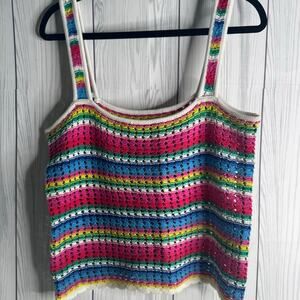 Gap Crocheted Eyelet Open Knit Rainbow Lrg Cotton Tank Top Boho Striped Festival